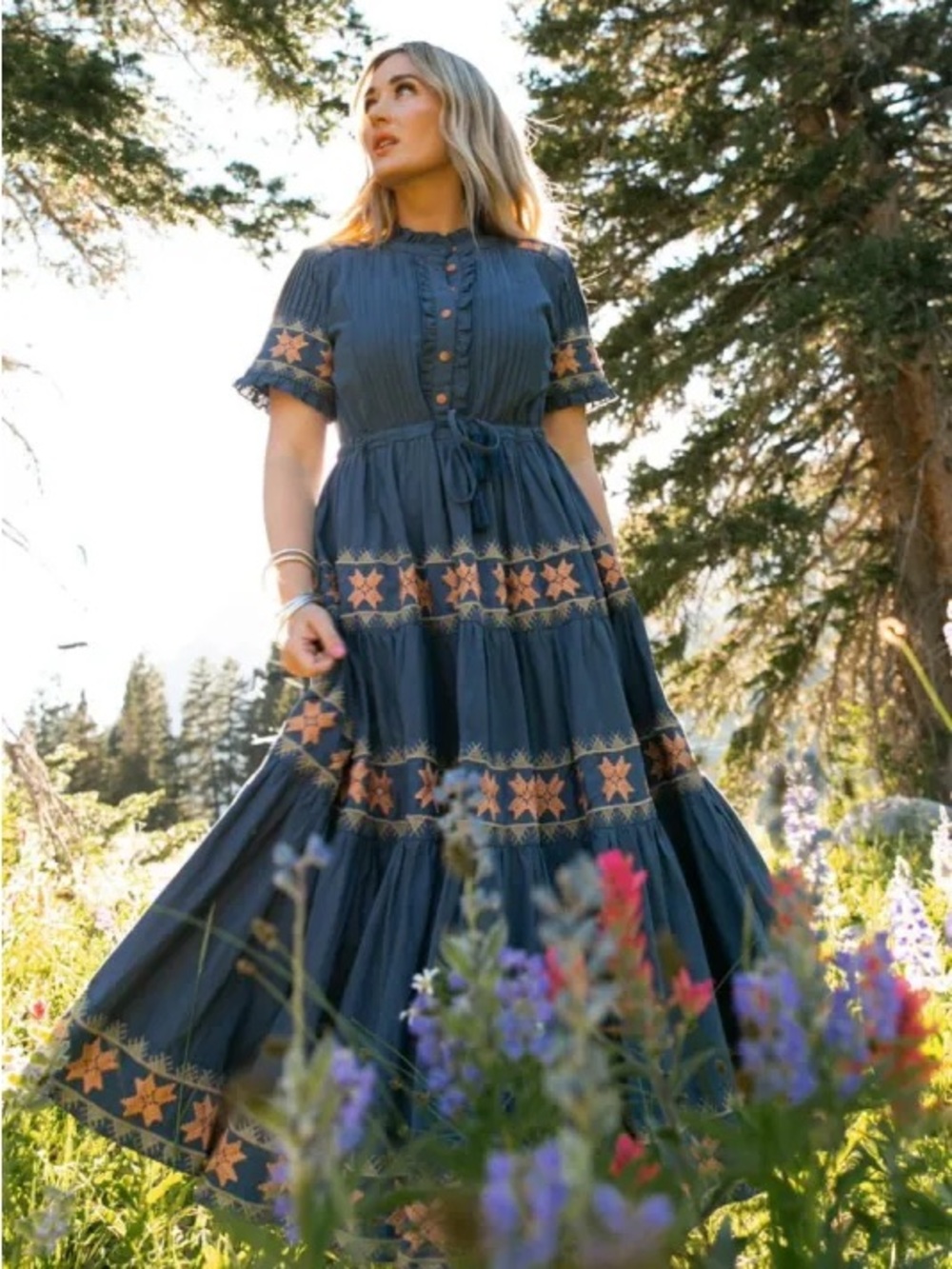 Ivy City Co Navy Maxi Dress with Tan Embroidery